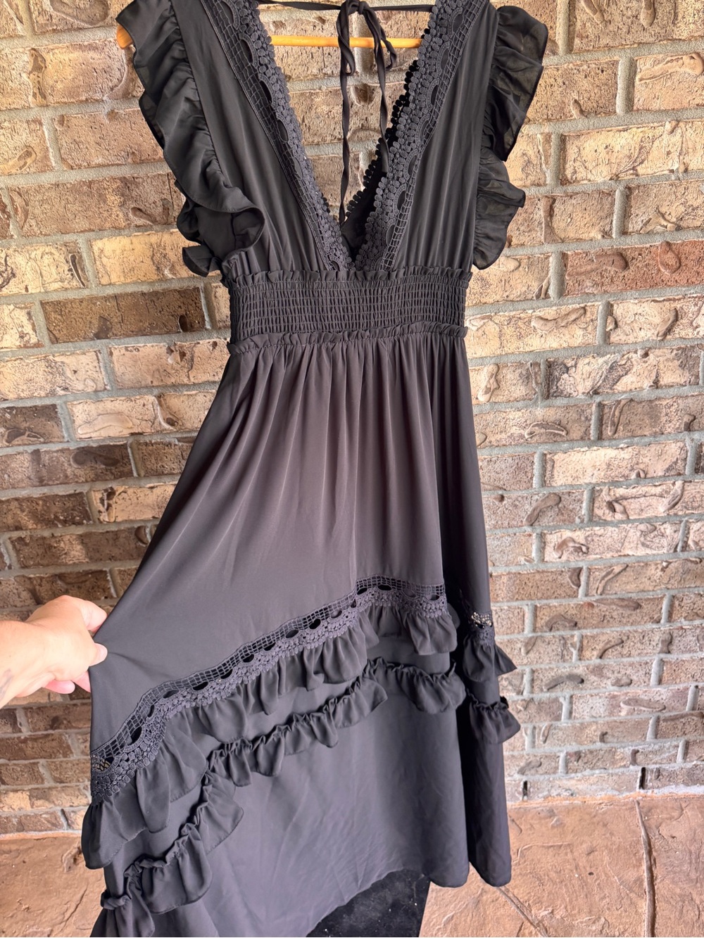 Baltic Born Jasmine Ruffle Maxi Dress Black Lace Trim Smocked Flutter Sleeve M - Picture 12 of 16
